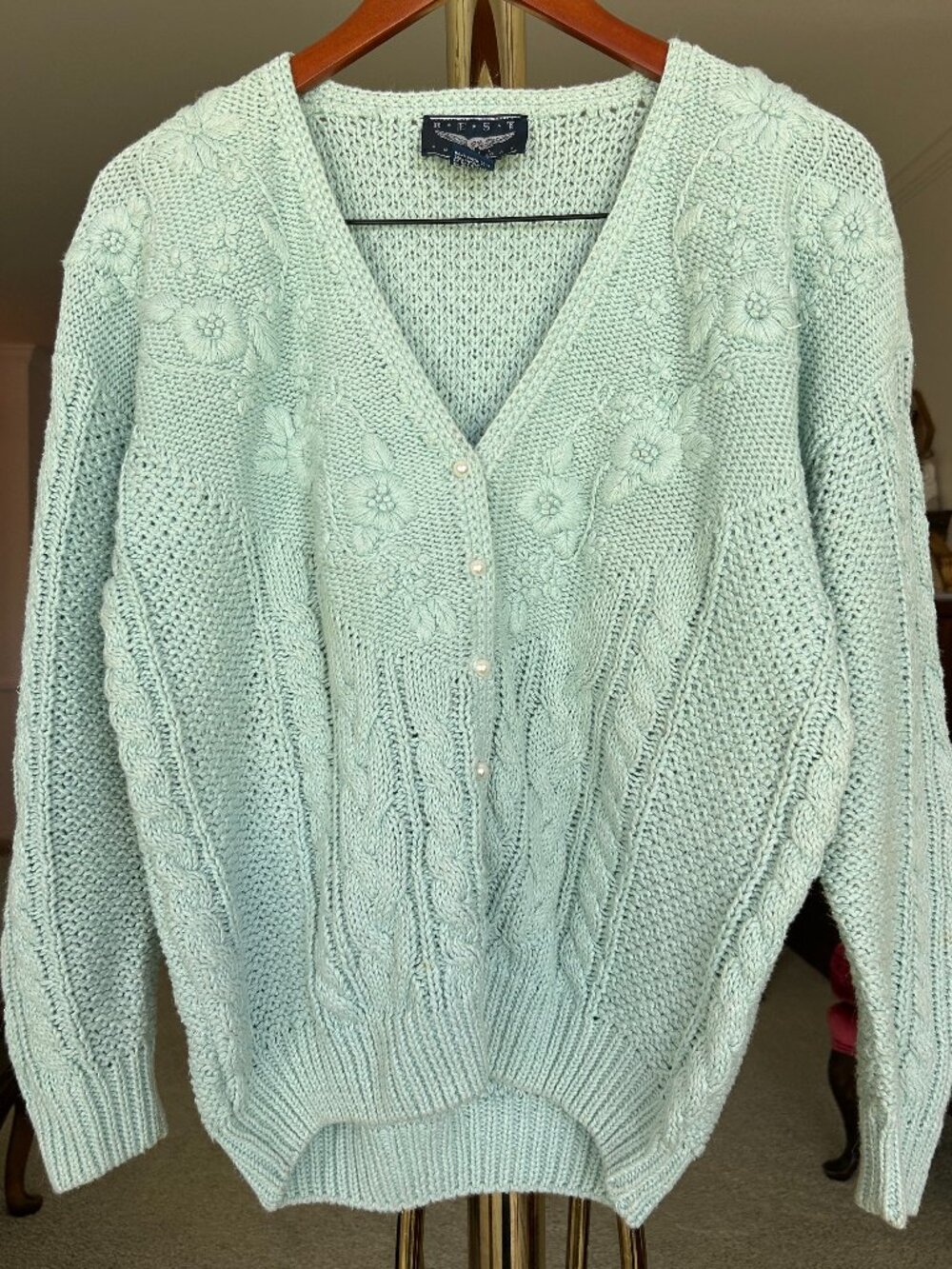 Vintage Best American mint blue cardigan size M seed stitch v-neck cottage core